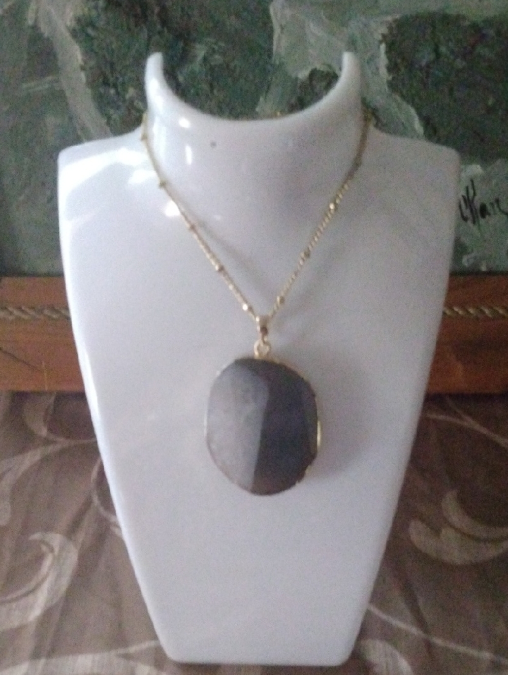 Gold Chain Necklace with Agate  Gray Stone Pendant